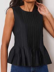 Women Summer Sleeveless Casual Tank Tops Round Neck Pleated Ruffed Hem Babydoll Shirts Summer Slim Fit Tops Blouse Streetwear - 黑色 - 查看 2