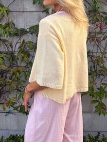 Women Short Sleeve Cardigan Button Down Open Front Knit Crew Neck Sweater Tops Oversized Lightweight Cardigans - Yellow - View 7
