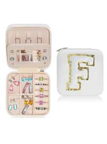 1pc Portable Travel Jewelry Box, Custom Lettered (A-Z) Organizer, Multi-Layer Jewelry Case With Mirror And Makeup Brush Holder, Suitable For Rings, Necklaces For Women Storage Organizer Travel Essentials Back To School Dormitory Storage
