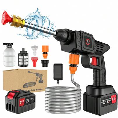 Pistola ad acqua ad alta tensione per autolavaggio da 21 V con batteria al litio, con 1 batteria, adatta per lavaggio auto, giardino, cortile, pulizia pavimenti
