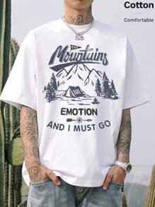 T-shirt da uomo in cotone a coste, stampa con tema campeggio e montagne con vento naturale, abbigliamento sportivo da uomo in stile college per primavera ed estate, maglietta a maniche corte bianca da uomo, alla moda, morbida e traspirante.