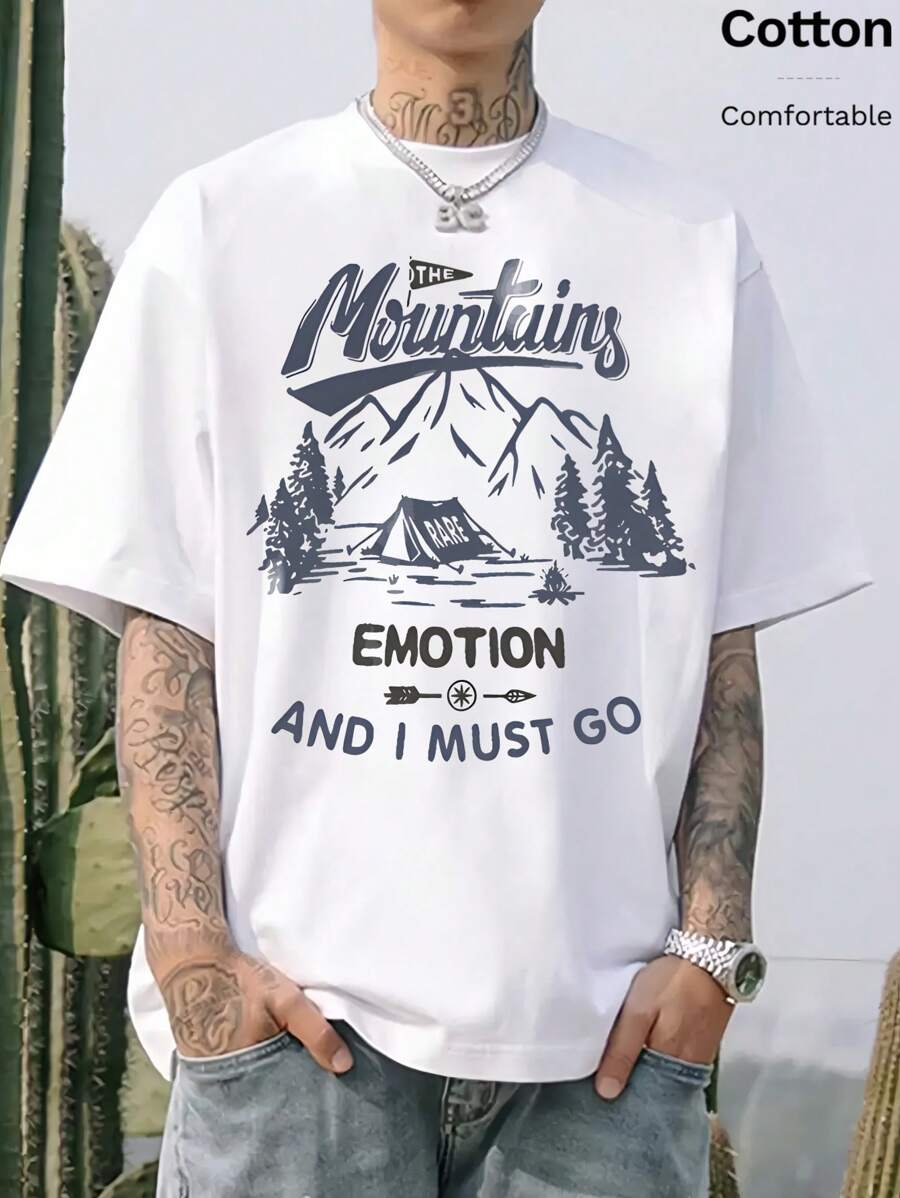 T-shirt da uomo in cotone a coste, stampa con tema campeggio e montagne con vento naturale, abbigliamento sportivo da uomo in stile college per primavera ed estate, maglietta a maniche corte bianca da uomo, alla moda, morbida e traspirante.