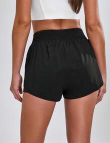 Pantalones cortos deportivos para mujer de cintura alta con bolsillos laterales, pantalones cortos de gimnasio con abertura lateral 2 en 1 - Azul54 - Ver 3