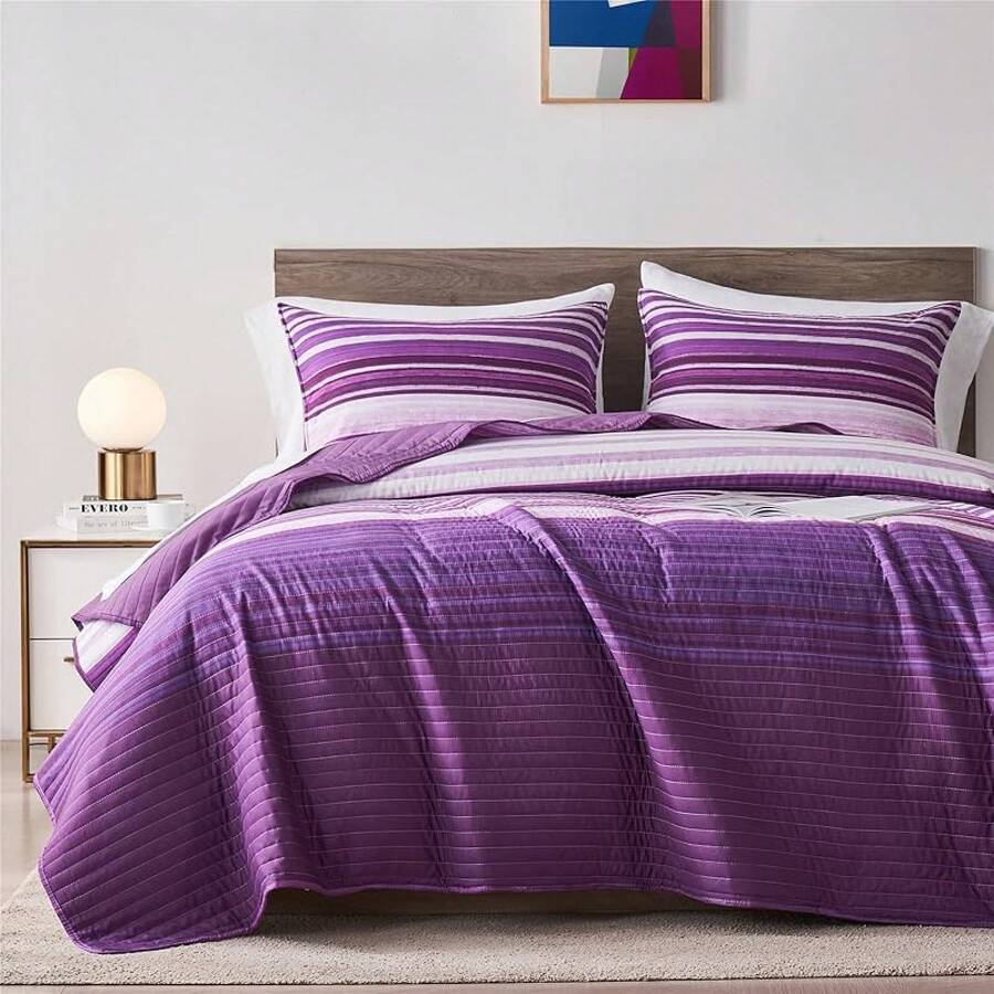 King/Cal King Quilt Bedding Set, White And Blue Patchwork Striped 2-Piece Soft Lightweight Bedspread Coverlet Set With 1 Pillow Sham, Luxury Comfort, Modern Style, Light Blue, King - Màu tím - Xem 1