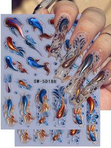 2 张 5D 浮雕海洋主题指甲贴纸海星铃铛水母设计指甲贴花夏季春季指甲用品适合女士和女孩