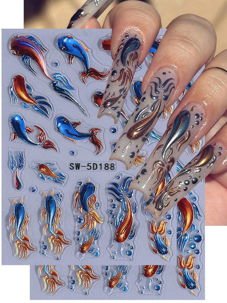 2 张 5D 浮雕海洋主题指甲贴纸海星铃铛水母设计指甲贴花夏季春季指甲用品适合女士和女孩