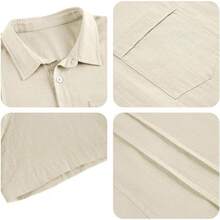 Hestenve Mens Short Sleeve Cuban Camp Guayabera Shirt Linen Cotton Hippie Beach Button Down Shirts - 5-米色 - 查看 3