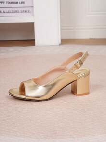 女式露趾踝带粗跟凉鞋，休闲百搭仿皮高跟鞋，适合度假、通勤、夏季穿着舒适，新品上市 - 金色 - 查看 6