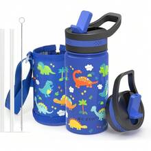 2 Pack Insulated Kids Water Bottle,  14oz Stainless Steel Water Bottles With  Straw Lid, -FREE Lead-Free Double Wall Leak Proof Drink Cups Flask For School (Blue Car +Blue Dinosaur) - 藍色恐龍樂園套裝 - 查看 1