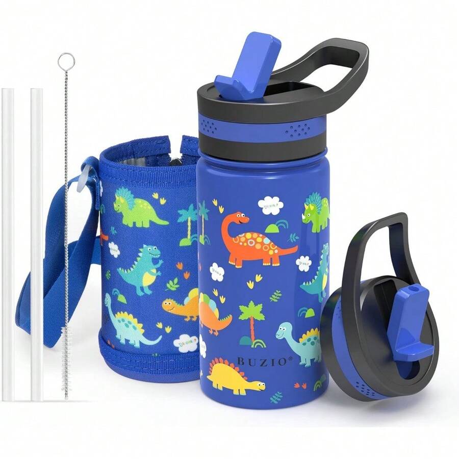 2 Pack Insulated Kids Water Bottle, 14oz Stainless Steel Water Bottles With Straw Lid, -FREE Lead-Free Double Wall Leak Proof Drink Cups Flask For School (Blue Car +Blue Dinosaur) - 藍色恐龍樂園套裝 - 查看 1