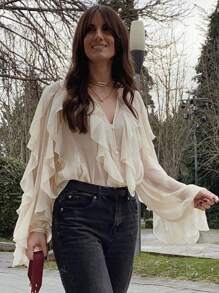 Femmes Chemise en mousseline de soie à manches longues Boutonné Volants T-shirt Dame Élégant Couleur unie Manches longues Blouse habillée Été Vacances Décontracté Ample Top Boho Vêtements Tenue Chemise mode ample