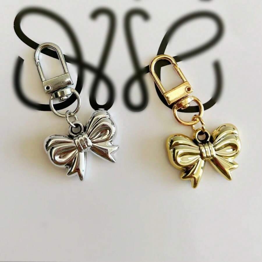 2pcs Metal Bowknot Key Chain, Unisex Keyring Gift For Couple, Accessory - Multicolor - View 1