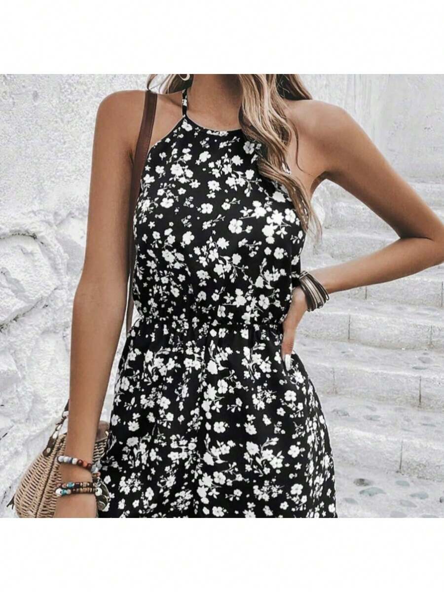 Ladies' Fashionable Printed Neck Tie, Elastic And Fashionable Waist Cinching Jumpsuit - Black - View 1