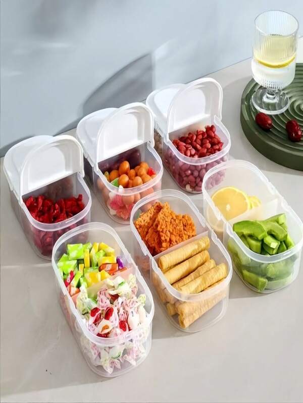 1 Pieza Recipiente de almacenamiento de alimentos con compartimento doble y hermético - Caja organizadora transparente de plástico para refrigerador con tapa azul, apta para cocina, despensa o caravana - Ideal para cereales, granos, pasta y organización de la despensa. Estilos de color aleatorios, útiles escolares, regreso a la escuela, material escencial