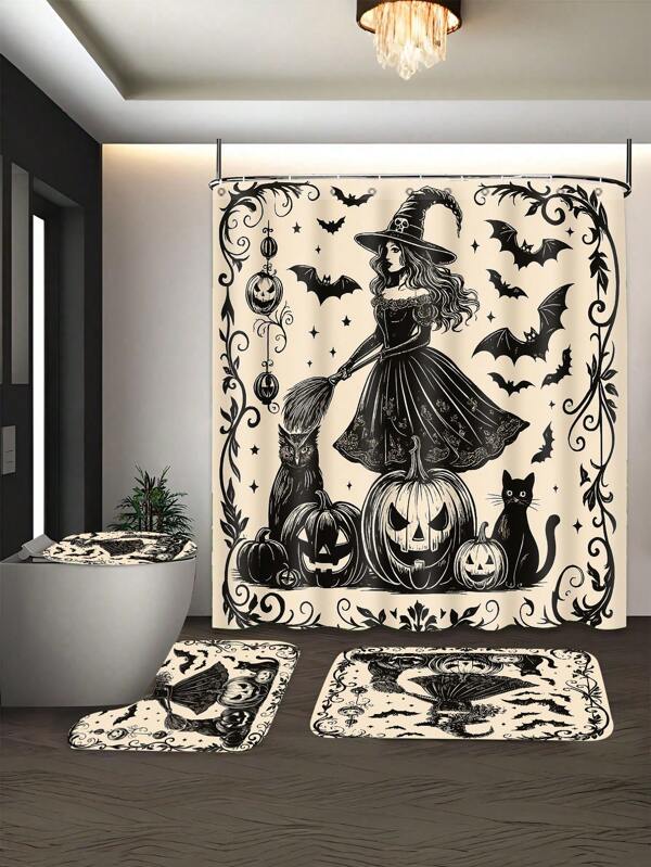 4pcs Halloween Witch & Pumpkin Window Curtain Set, Beautiful Housewarming Gift, Modern Home Decor, Waterproof Shower Curtain And Bath Rug 3 PiecesSet With 12 Hooks Back To School