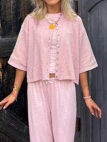 Women Short Sleeve Cropped Cardigan Crew Neck Button Down Ribbed Knitted Pullover Sweaters Y2K Going Out Sweater - Hồng - Xem 4