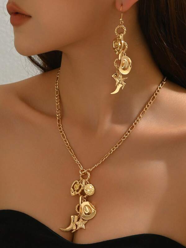 3pcs Western Cowboy Style Boots, Cowboy Hat, Star, Heart, Rose Gold Metal Textured Multi-Pendant Chunky Chain Necklace, Personalized Women's Gold Metallic Jewelry, Suitable For Casual, Vacation, Date, Gift