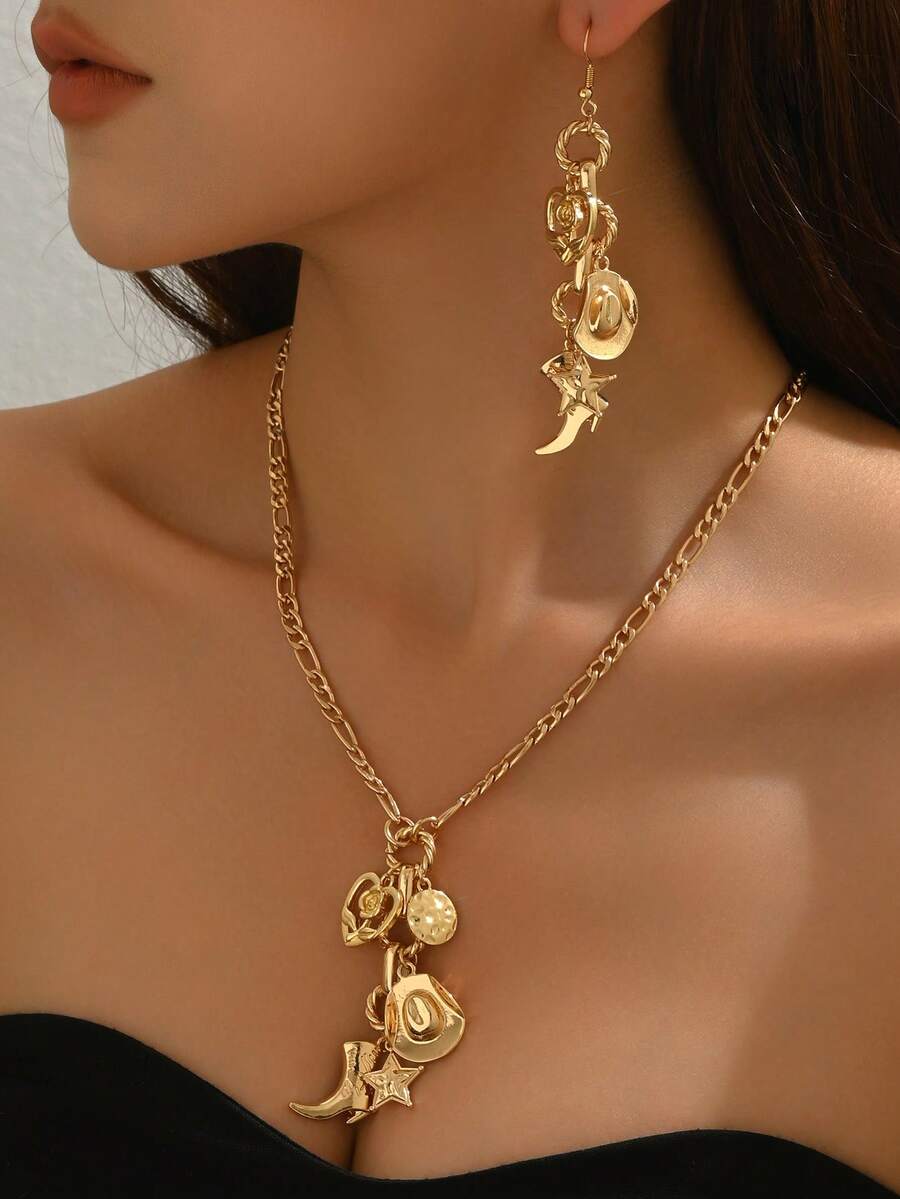 3 件西部牛仔风格靴子、牛仔帽、星星、心形、玫瑰金金属纹理多吊坠粗链项链，个性化女士金色金属首饰，适合休闲、度假、约会、礼物