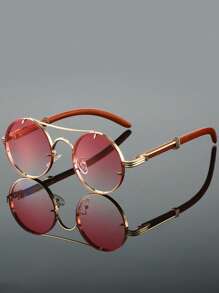 1Pc Women Round Fashion Glasses Stylish Double Bridges Metal Frame Green Glasses Chic Imitation Wood Grain Leg Design Novel Shape Gradient Color Eyeglasses For Daily Use Beach Party Fashion Glasses For Women,Shades For Ladies,Fall Winter Outfits,Beach Accessories,Vintage Retro Y2k Basics Eyeglasses,Business Casual Gifts,Perfect For Everyday Wear,Seaside,Beach,Vacation,Walking,Shopping,Driving,Street Photos For Summer Beach Vacation,Outdoor,Travel