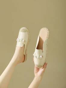 1 Pair Women's Open Toe Slip-On Flats, Bohemian Pearl Decor Fisherman Slides Casual Mules Summer Sandals
