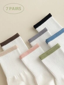 7 Pairs White Women's Socks, Four Seasons Ribbed Colorful Trim Women Crew Socks, Sports Casual Daily