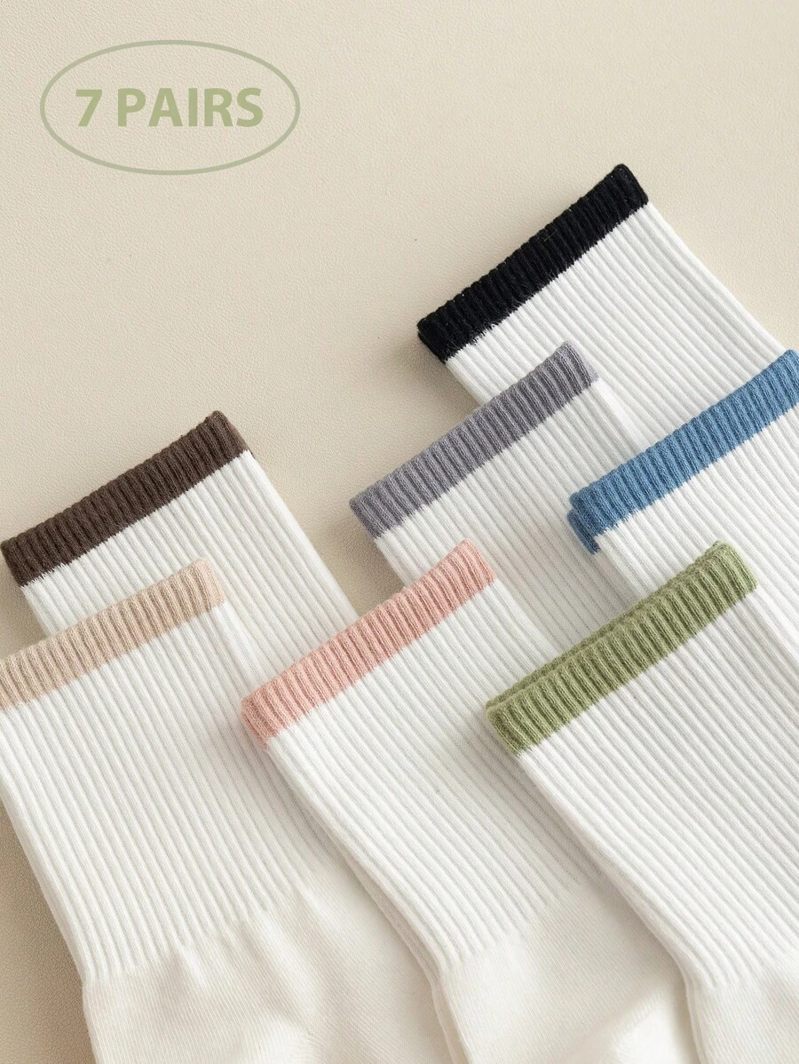 7 Pairs White Women's Socks, Four Seasons Ribbed Colorful Trim Women Crew Socks, Sports Casual Daily