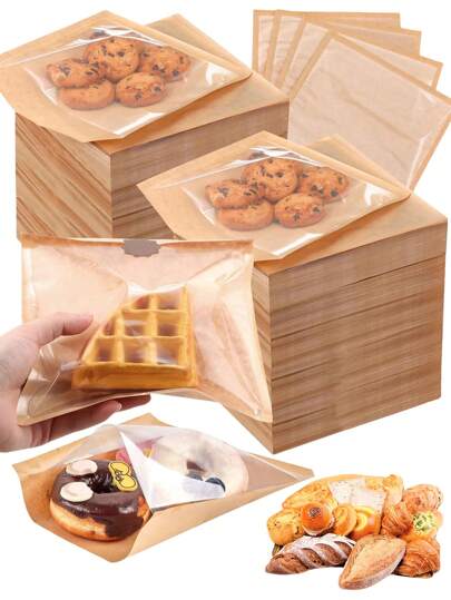 50/100 Peças Saco de Padaria Termossoldado com Janela, Saco de Papel Kraft à Prova de Gordura, Adequado para Assar, Sanduíches de Ovo, Donuts, Pão, Biscoitos