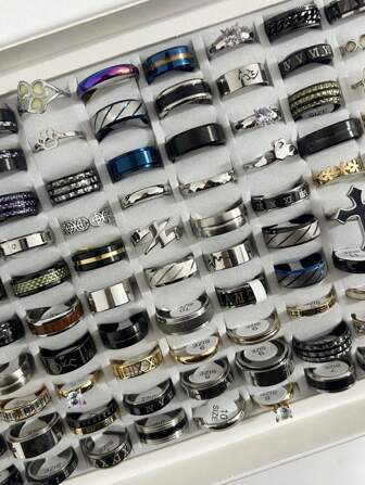 20/40/80/100 Pieces Of Fashionable Stainless Steel Roman Embossed Inner And Outer Ball Matte Decorative Ring Set, Suitable For Men And Women's Daily Matching. Festival Accessories With Multiple Styles To Choose From. Styles Randomly Dispatched/Factory Direct