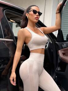 无缝瑜伽基本款运动背心和紧身裤 - 香檳色 - 查看 3