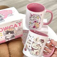 Caneca Cerâmica com Gato de Pelúcia, Xícara de Leite para Café da Manhã, Copo de Água, Conjunto de Presentes de Volta às Aulas