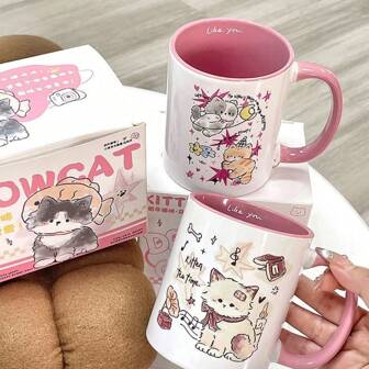 Stuffed Cat Ceramic Mug, Breakfast Milk Cup, Water Cup, Gift Set Back To School