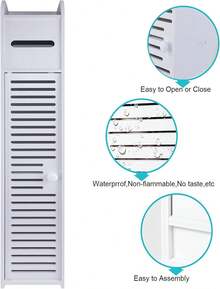 Lucn Modern White Toilet Side Cabinet, Bathroom Storage Cabinet, Slim Cabinet With Toilet Paper Holder And Cell Phone Holder, PVC, Freestanding Bathroom Storage Cabinet For Home And Kitchen; Bathroom Floor Cabinet, Home Storage Cabinet With Doors And Shelves, Freestanding Tall, Slim Side Cabinet, Furniture Piece, Waterproof Kitchen Shelf, Pantry Cabinet, Bookcase, 16 * 15 * 80 Cm - trắng - Xem 8