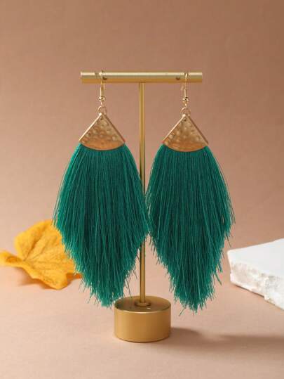 1 Pair Bohemian Style Fluorescent Red, Navy Blue, Gray, Rose Red, Pearl Pink Long Tassel Triangle Minimalist Fashion Alloy Earrings For Women, Suitable For Daily Wear