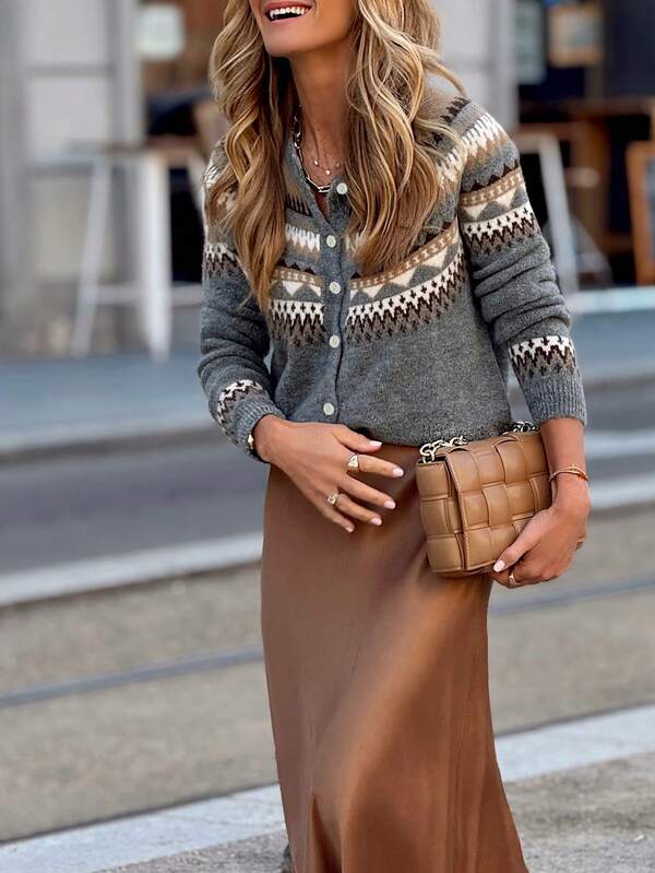 Cárdigan de punto con botones, cuello redondo, manga larga, estampado geométrico de estilo Fair Isle, cómodo y cálido, de moda para otoño e invierno