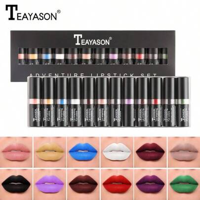 TEAYASON 12pcs Lipstick & Lip Gloss Set, Holiday Black Vampire Cosplay Lipstick, Moisturizing, Natural, Non-Smudging Lip Makeup, Halloween & Holiday Gift Set