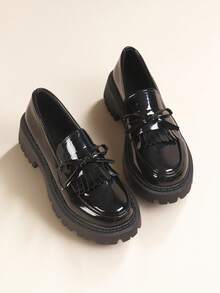 Girl S Retro Bow Flat Shoes - Breathable Loafers With Thick Cushioned Sole, Round Toe Comfortable Flats In Black. - Black - View 3