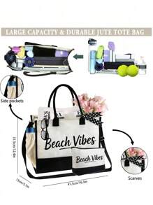 Bolso de mano y bolso, bolso de hombro, impreso con las letras "Beach Vibes", bolso de tarjetas, bolso de tela versátil y portátil para maestros, bolsa de tela para apreciar a los maestros, regalo para mujeres, bolso de almacenamiento casual y portátil, bolsa de compras multifuncional