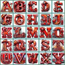 26pcs Dazzling, Awesome, Thrilling Flaming Alphabet Letters, Cartoon Pattern Handcraft Diamond Painting Kit, 5D Round Diamond Embroidery, DIY Mosaic Art Home Decor, Holiday & Birthday Gift