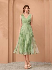 Mgiacyv Neck Printed Net Pull Cord High-End Evening Dress