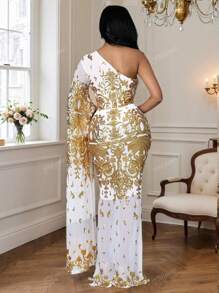 1pc One-Shoulder Long Sleeve Mesh & Sequin Patchwork Party Dress