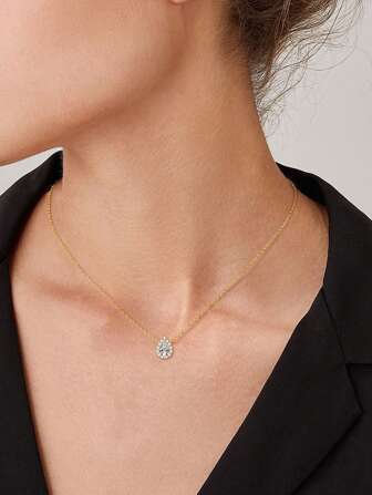 XUJIA 1 件优雅 925 纯银吊坠项链，适合女士，1.0 克拉梨形莫桑石项链，16 英寸 + 2 英寸，精致可调节，周年纪念或生日的完美礼物，1.8 毫米光环方晶锆石