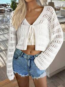 Women's Lightweight Solid Color Hollow Out Twist Tie Up Cardigan, Suitable For Date, Everyday Wear, Spring/Summer/Autumn