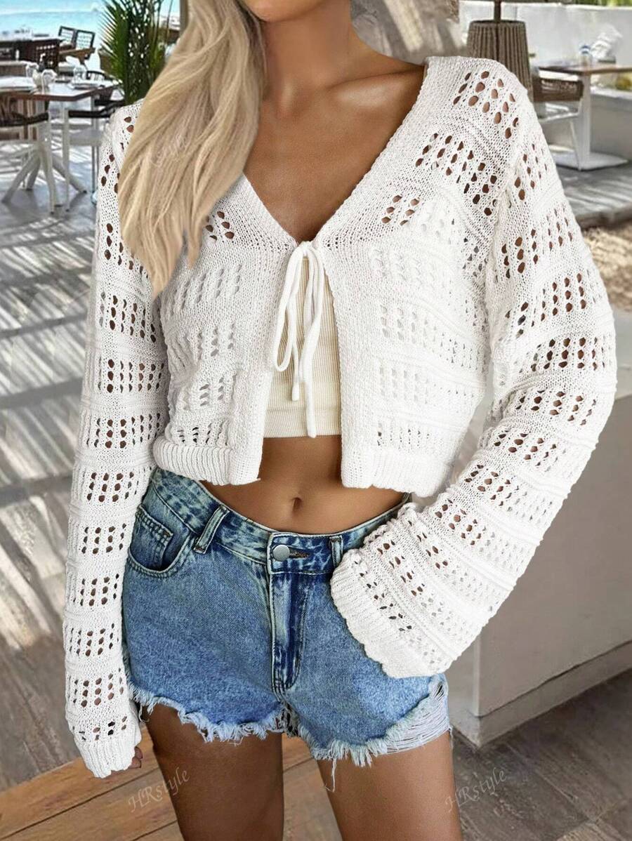 Women's Lightweight Solid Color Hollow Out Twist Tie Up Cardigan, Suitable For Date, Everyday Wear, Spring/Summer/Autumn
