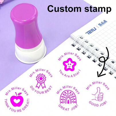 Customizable Personalized Name Round Teacher Encouragement Stamp - Suitable For Classroom Rewards And Office Use, Essential Tool For Teaching And Office. Back To School, Learning Supplies, Multipurpose, Decorative, Reusable, Modern, Colorful, Cute, Retro, Cartoon, Kawaii, Customized, Personalized, Unique, Custom, Employee, Client, Student, Business/Work/Office, School, Office And School Supplies, Christmas Decor, Solid Color Name Stamp