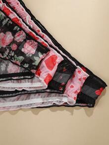 5pcs/Pack Plus Size Women Underwear, Floral & Heart Print With Contrast Trim, Comfortable Fabric, Bow Decor - 彩色 - 查看 4