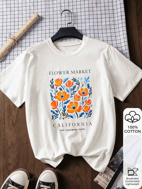 Summer Women's Loose T-Shirt, FLOEWR MAKER & Flower Print, 100% Cotton,White Short-Sleeved Graphic T-Shirt