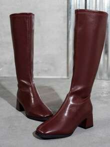 Botas femininas acima do joelho, botas estilo britânico estilo Knight, outono/primavera, salto grosso, botas de cano alto Net Celebrity, botas cor de vinho - Borgonha - Ver 3