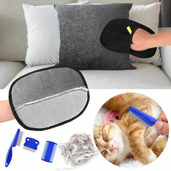 4 pezzi di guanti per rimozione dei peli e pettine antipulci e pidocchi in acciaio inossidabile, pettine per toelettatura animali domestici con denti tondi, piccolo strumento per rimozione dei peli, adatto per setole a doppia direzione, pulitore di peli per animali domestici di ogni tipo