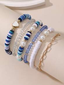 6pcs/Set Bohemian Holiday Style Starfish Polymer Clay Beaded Bracelet Set, Randomly Colored