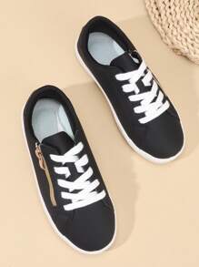 1 Pair Boys/Girls PU Leather Lace-Up Side Zipper Classic Student Shoes, Thick Sole Anti-Slip Durable Soft Bottom Casual Sneakers, Suitable For All Seasons
